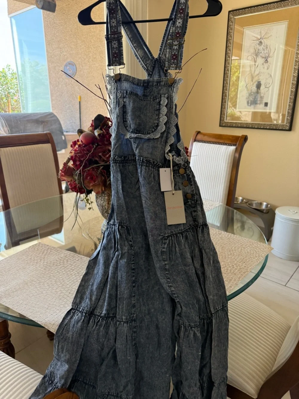 Free People Washed Black Denim Tiered Jumper Dress with Embroidered Straps - Picture 2 of 5